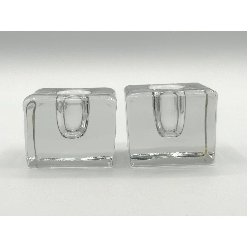 Vintage Clear Glass Cube Inkwell Set of 2 Heavy Mid-Century Modern Desk Decor